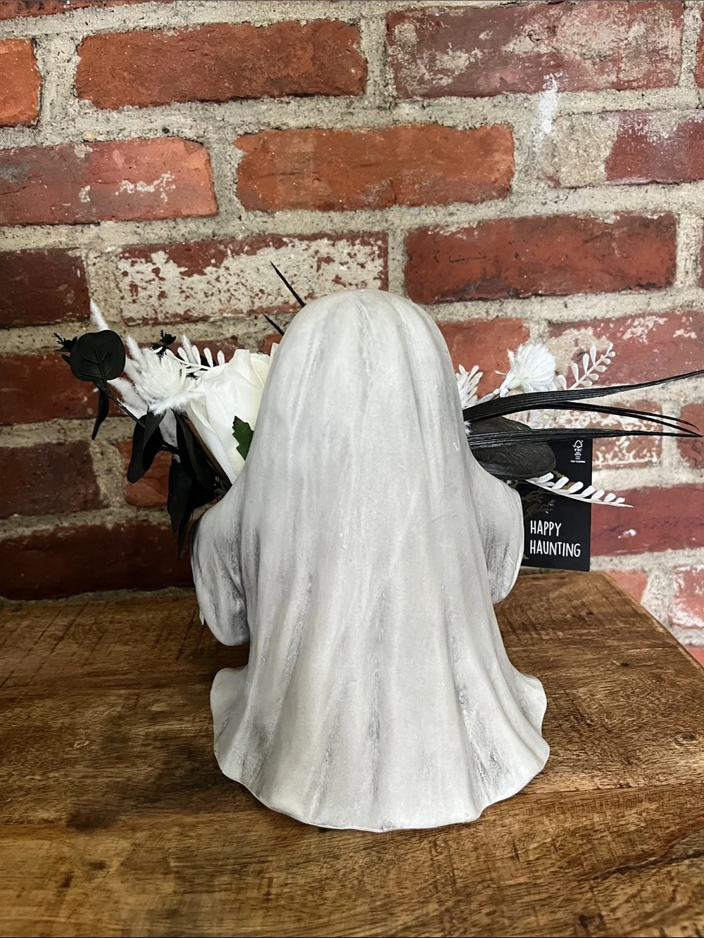 White ghost  Floral Centerpiece with Black Feather Accents